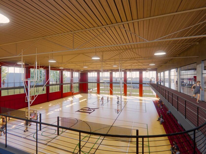 Architectural rendering showing interior court, track and group fitness rooms
