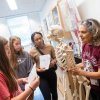 Students listen to professor discussing skeleton in science lab