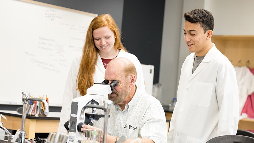 Professor Dan Grimm assisting students in microbiology research